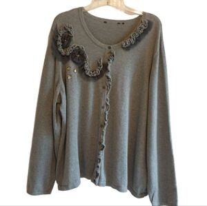 Daisy Fuentes Cotton Cardigan‎ Floral Applique Ruffles 1950s Vibes Retro